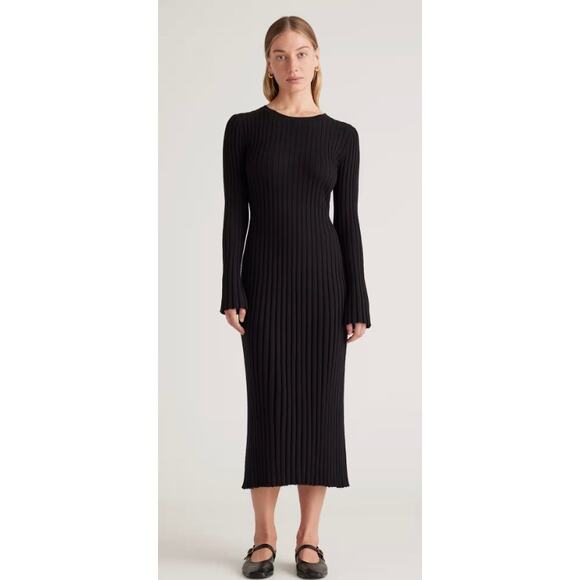 Quince Dresses & Skirts - Quince Wm's Cotton Cashmere Ribbed Long Sleeve Crew Midi Dress Sz L Black #119